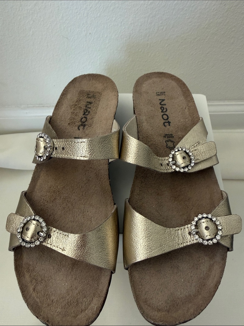 Naot Metallic Gold Double-Band Sandals with Rhinestone Buckles